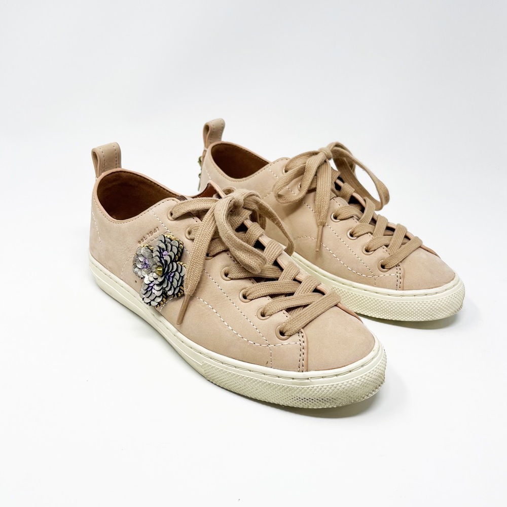 RARE Coach C121 Low Top Sneaker Nubuck Leather Lace Up Designer Shoes Cream 6.5 - Picture 4 of 12